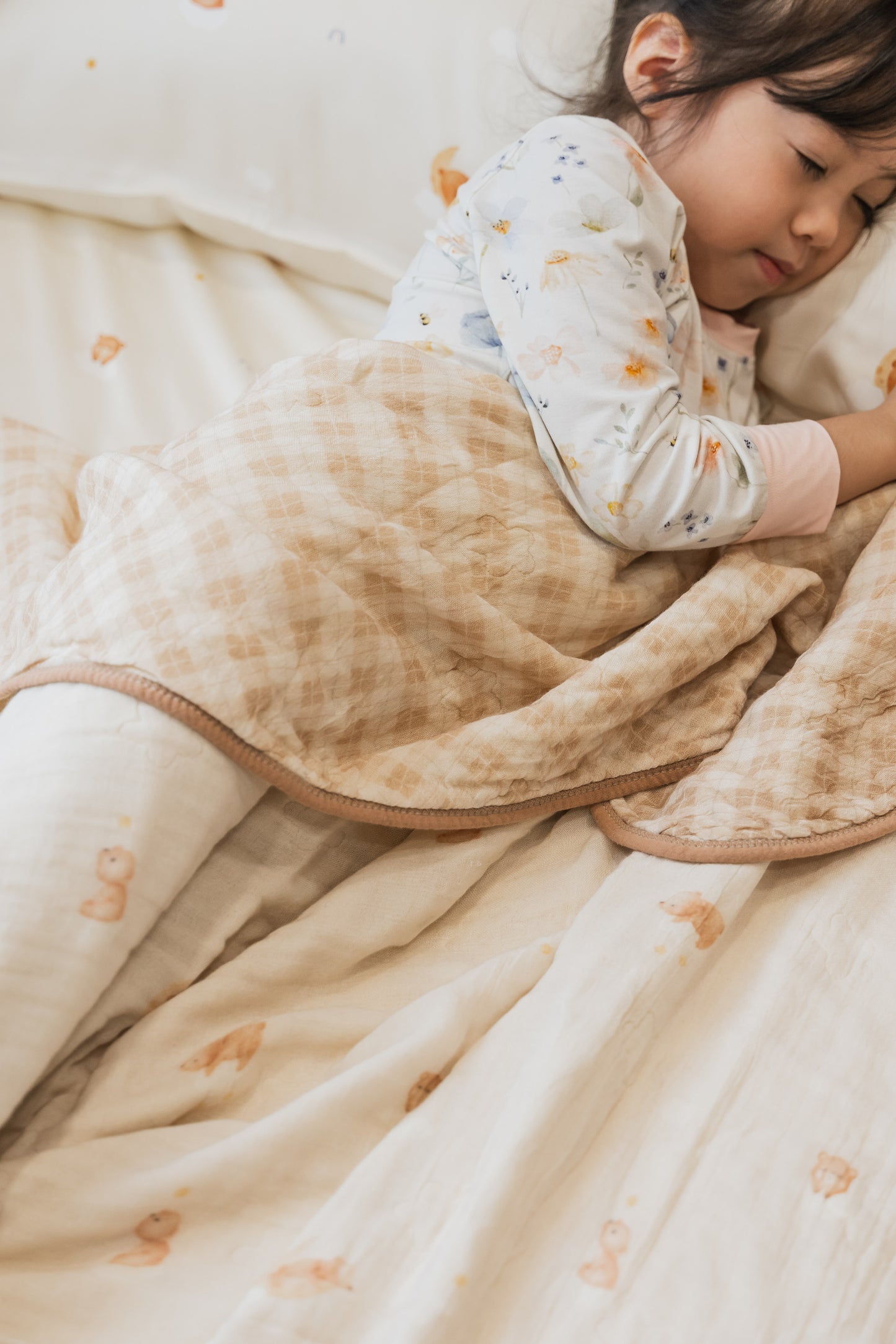 [Blanket] Goodnight Bear / Brown Checkered Bamboo Cotton Blanket