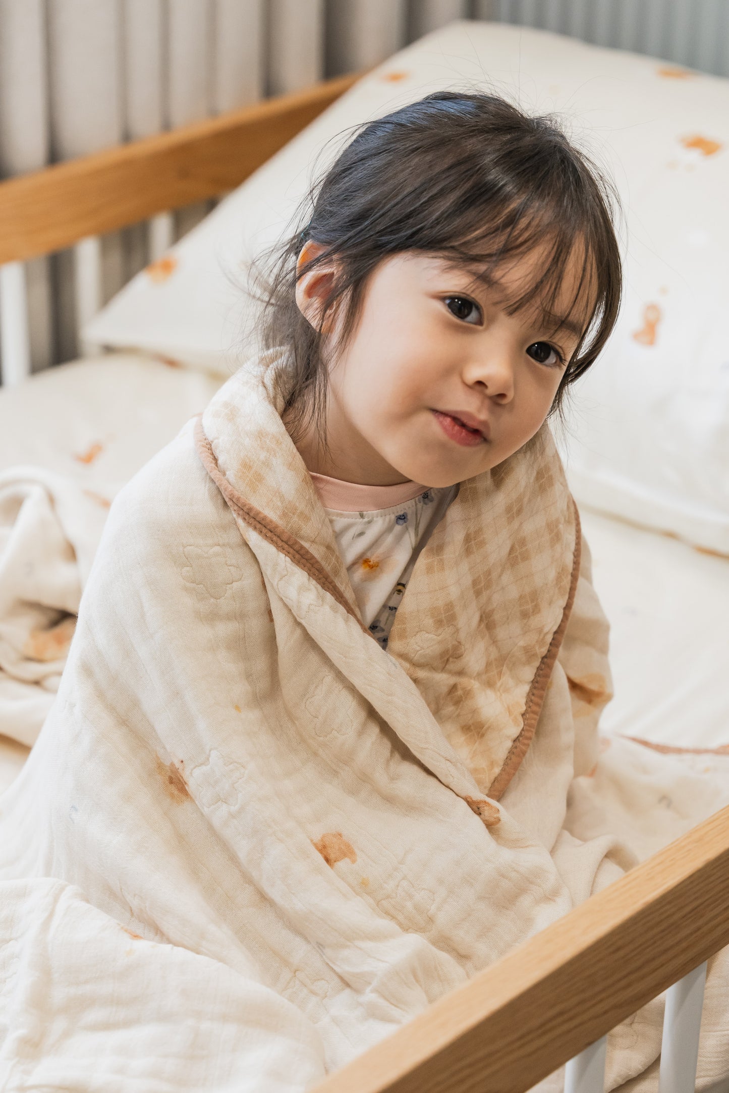 [Blanket] Goodnight Bear / Brown Checkered Bamboo Cotton Blanket