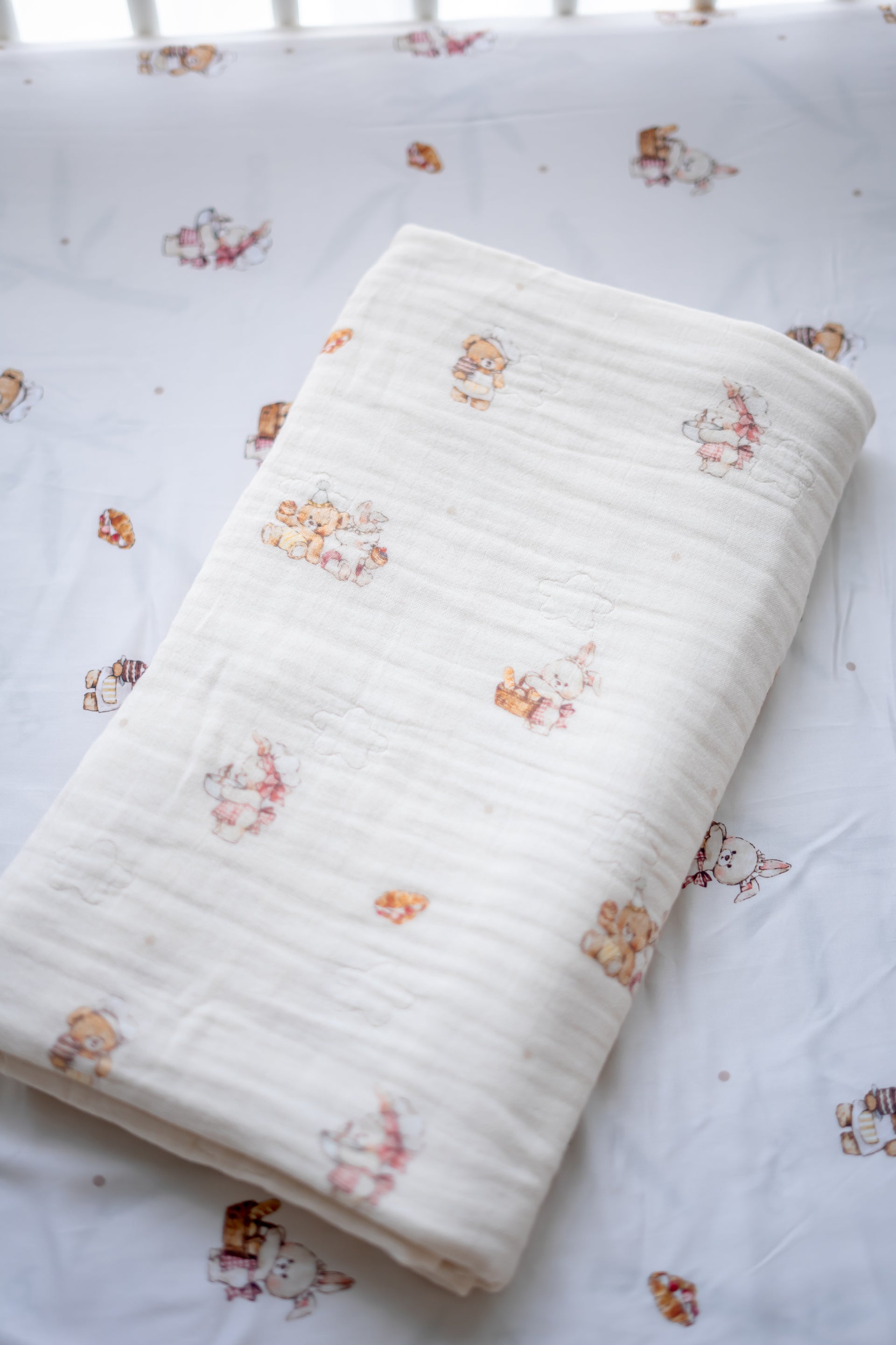 [Blanket] Bakery Cafe / Teddy Outlined Bamboo Cotton Blanket