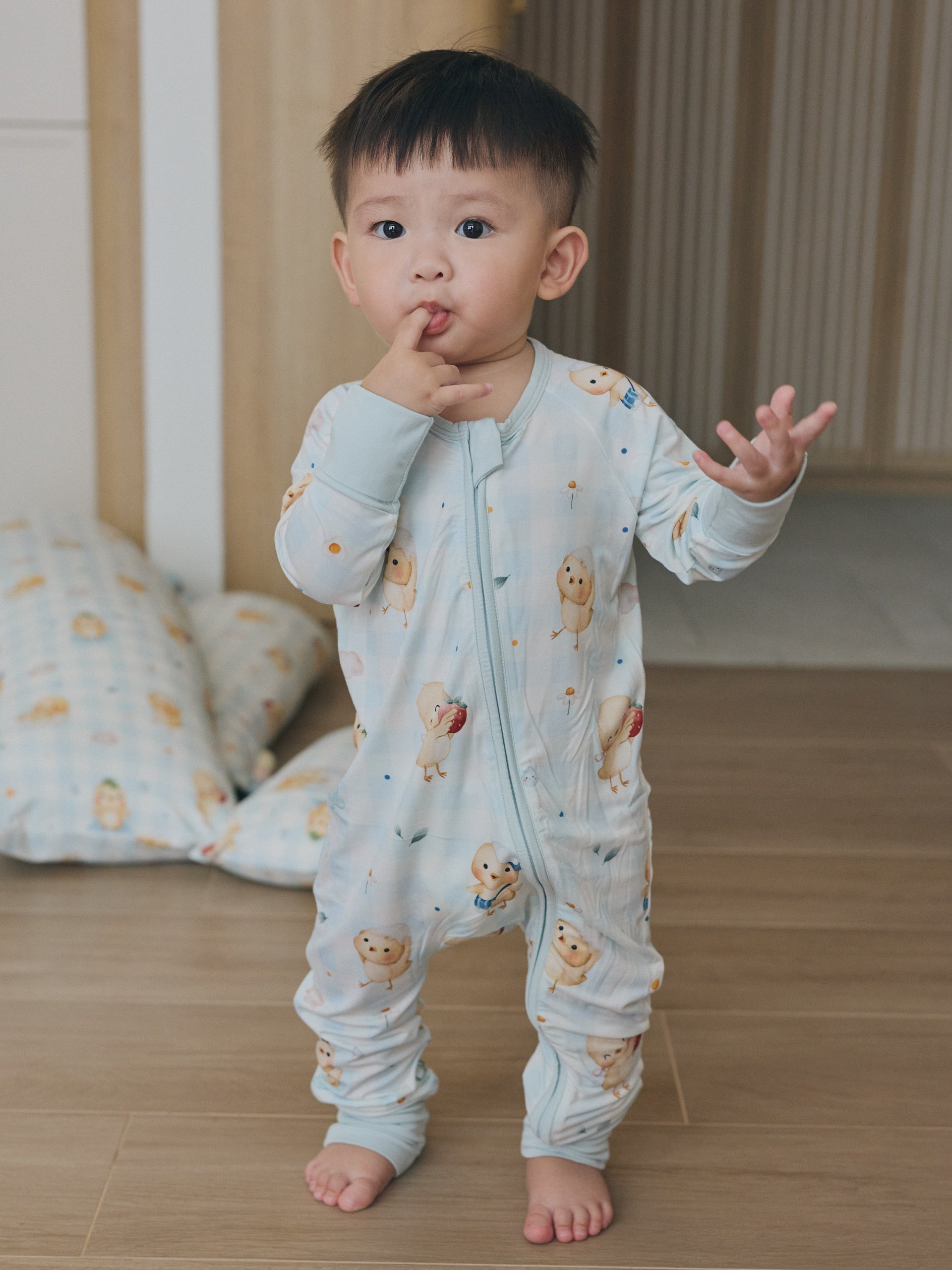 Sunny Side Chick Picnic Zipper Sleepsuit (Blue Checkered)